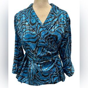 Alex Evenings 1X Wrap Tie Blouse Top Blue Black Formal Wedding Party Event chic